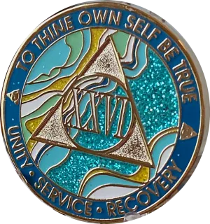 26 Year AA Medallion Elegant Caribbean Aqua Glitter Teal Marble Gold Sobriety Chip