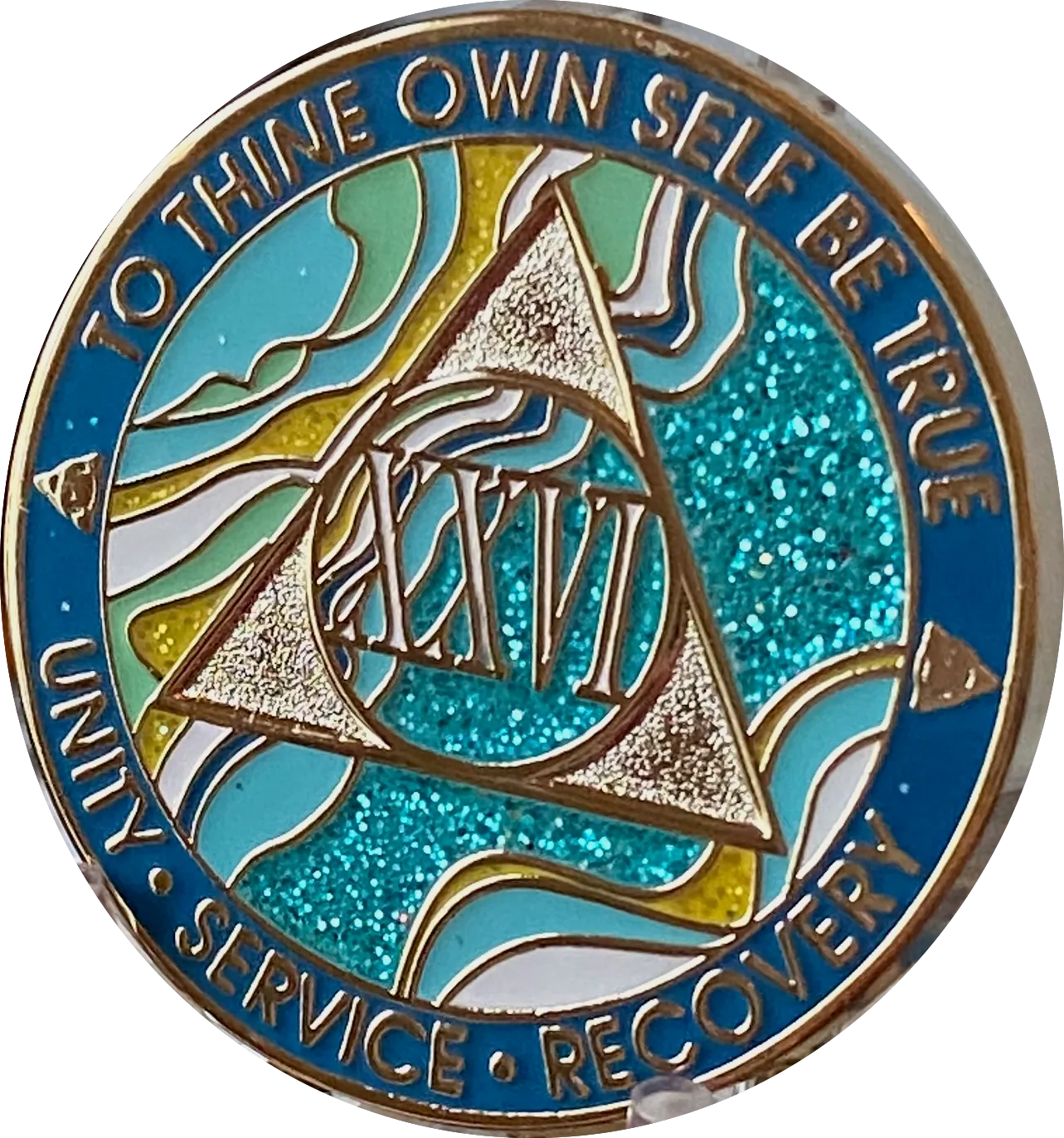 26 Year AA Medallion Elegant Caribbean Aqua Glitter Teal Marble Gold Sobriety Chip