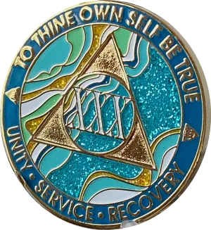 30 Year AA Medallion Elegant Caribbean Aqua Glitter Teal Marble Gold Sobriety Chip