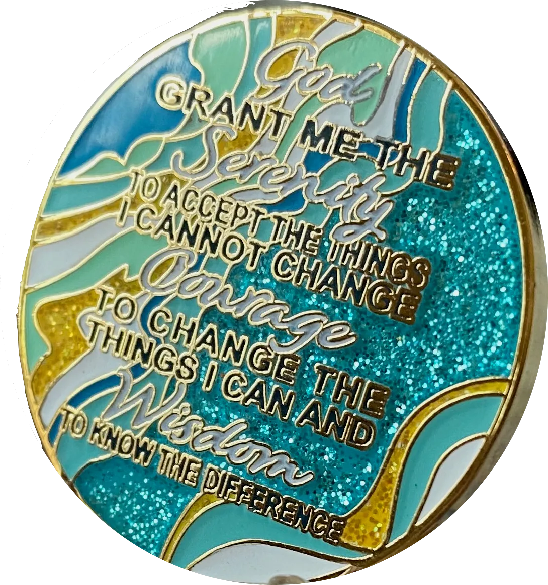 30 Year AA Medallion Elegant Caribbean Aqua Glitter Teal Marble Gold Sobriety Chip