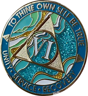 6 Year AA Medallion Elegant Caribbean Aqua Glitter Teal Marble Gold Sobriety Chip