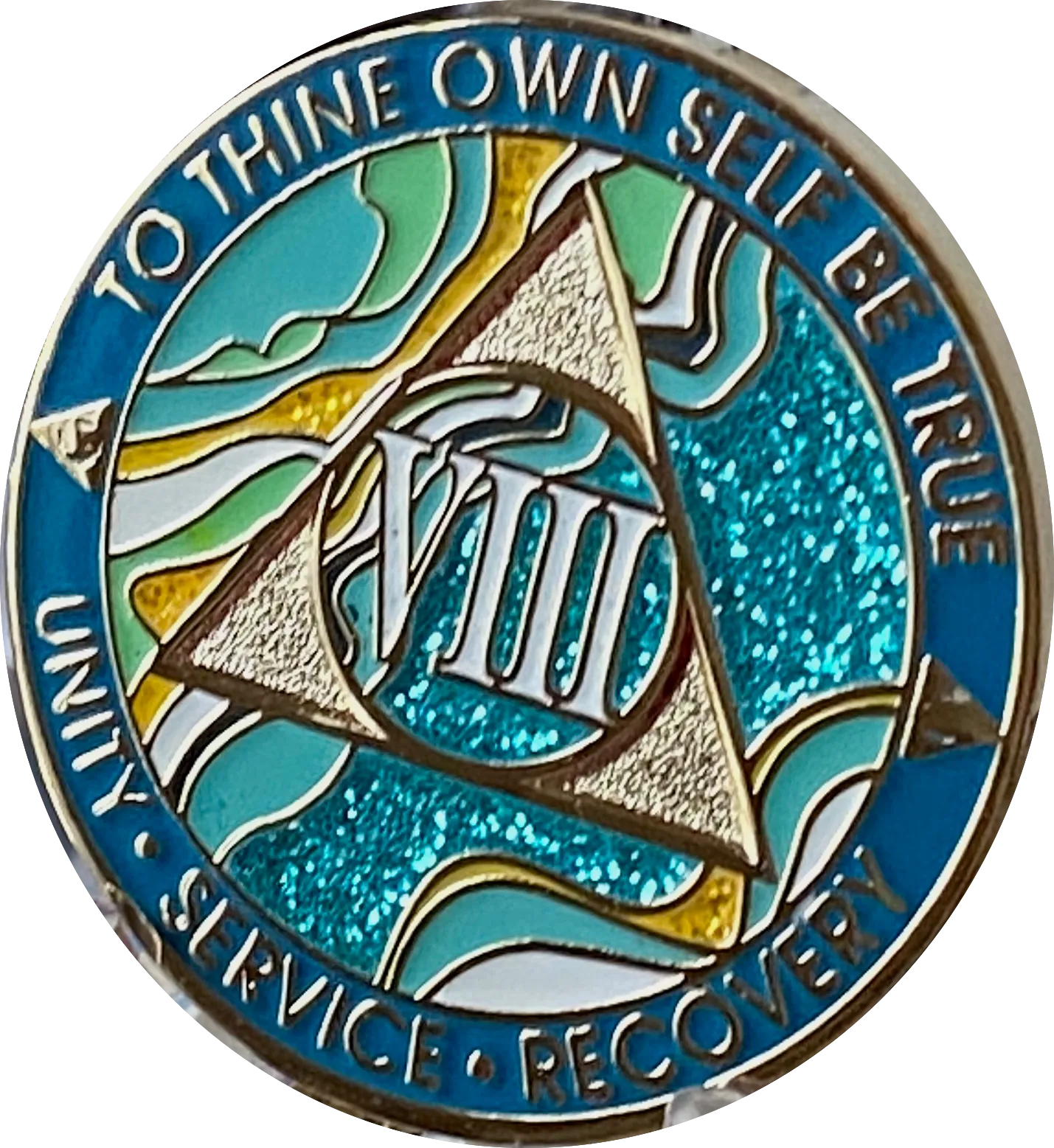 8 Year AA Medallion Elegant Caribbean Aqua Glitter Teal Marble Gold Sobriety Chip