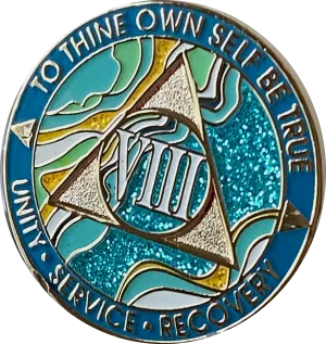 8 Year AA Medallion Elegant Caribbean Aqua Glitter Teal Marble Gold Sobriety Chip