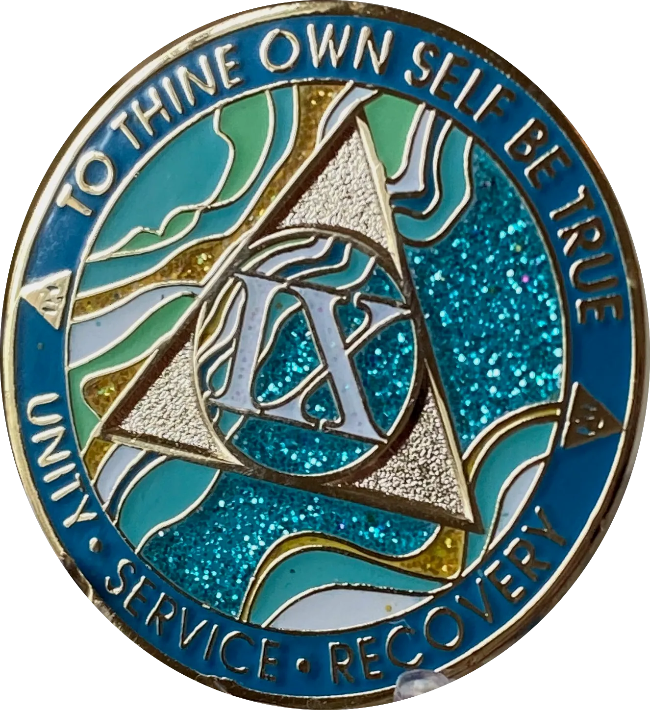 9 Year AA Medallion Elegant Caribbean Aqua Glitter Teal Marble Gold Sobriety Chip