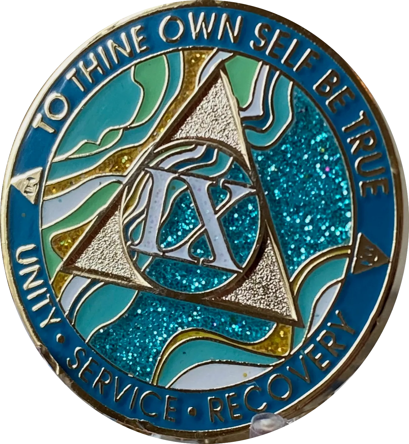 9 Year AA Medallion Elegant Caribbean Aqua Glitter Teal Marble Gold Sobriety Chip