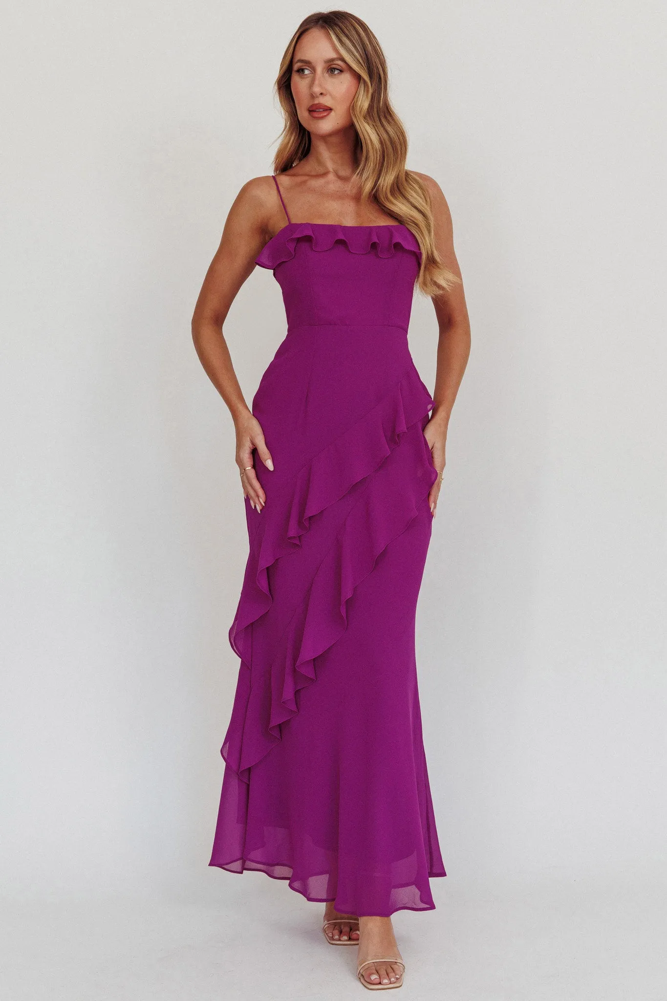 Actual Sunshine Ruffle Trim Maxi Dress Plum