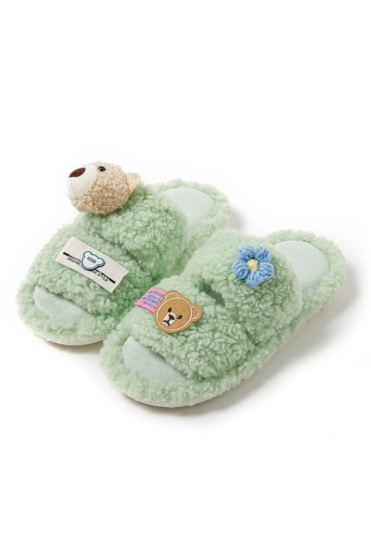 Amozae-Cute Bear Flower Slip-on Fuzzy Slippers