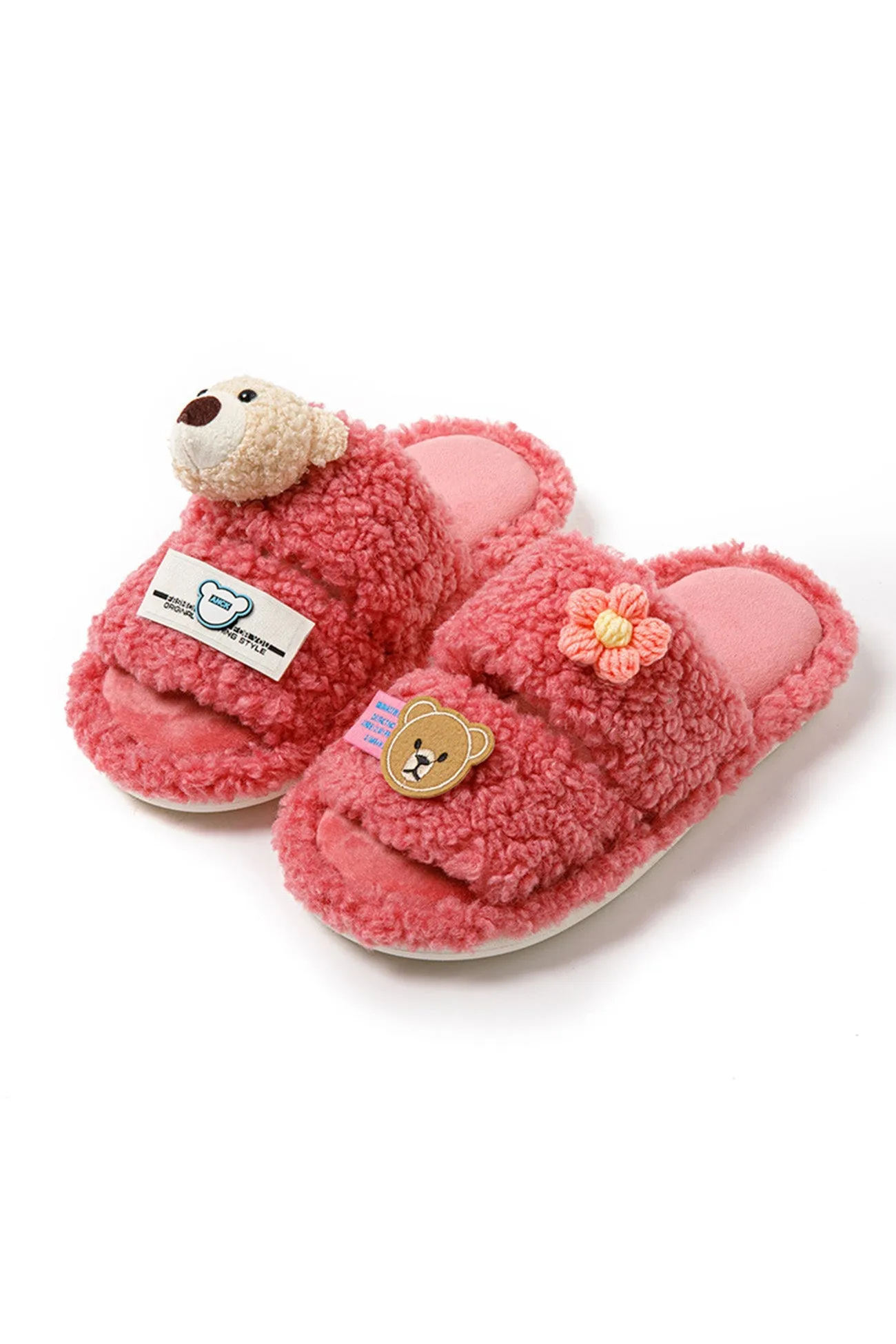 Amozae-Cute Bear Flower Slip-on Fuzzy Slippers