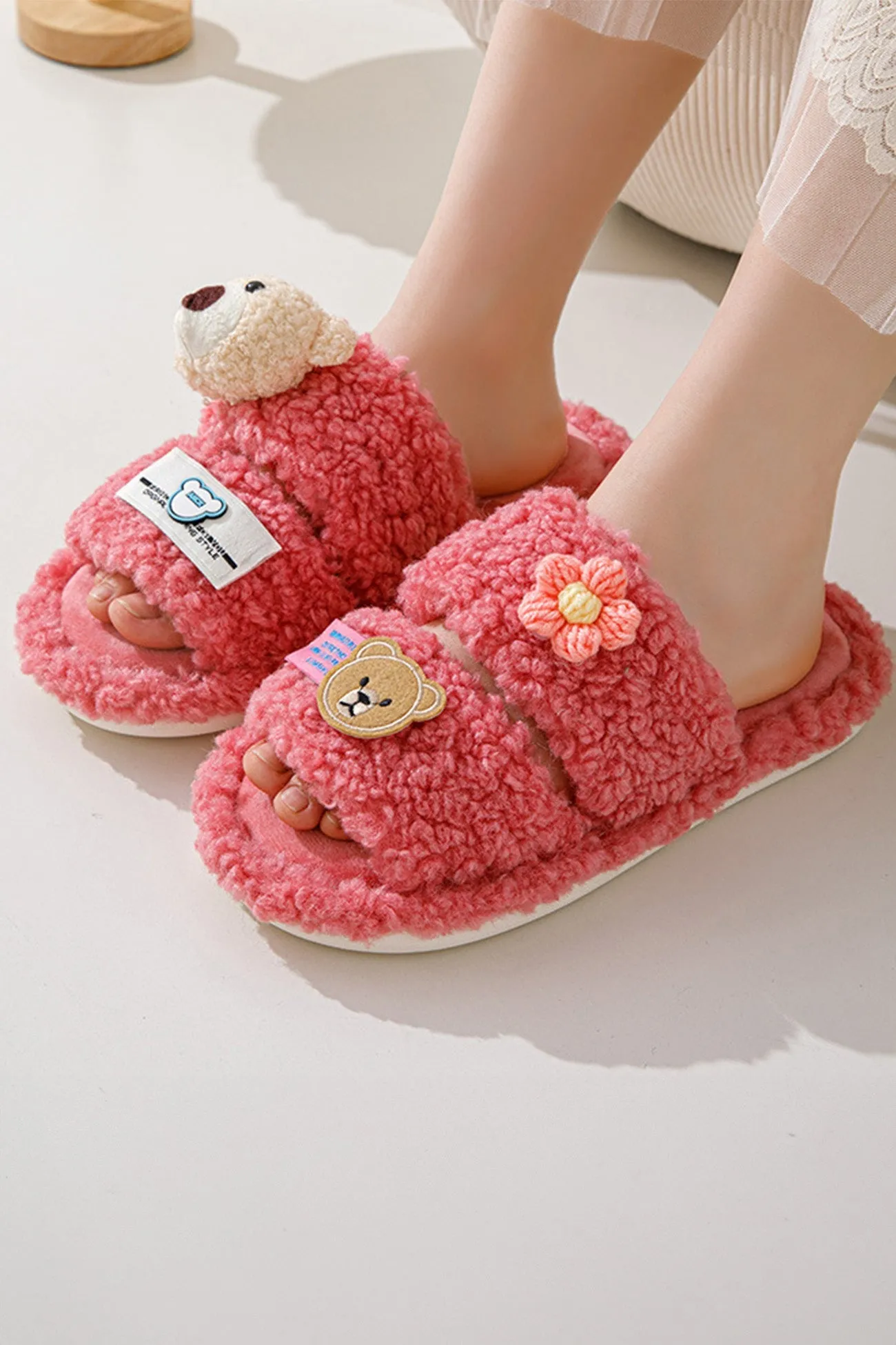 Amozae-Cute Bear Flower Slip-on Fuzzy Slippers