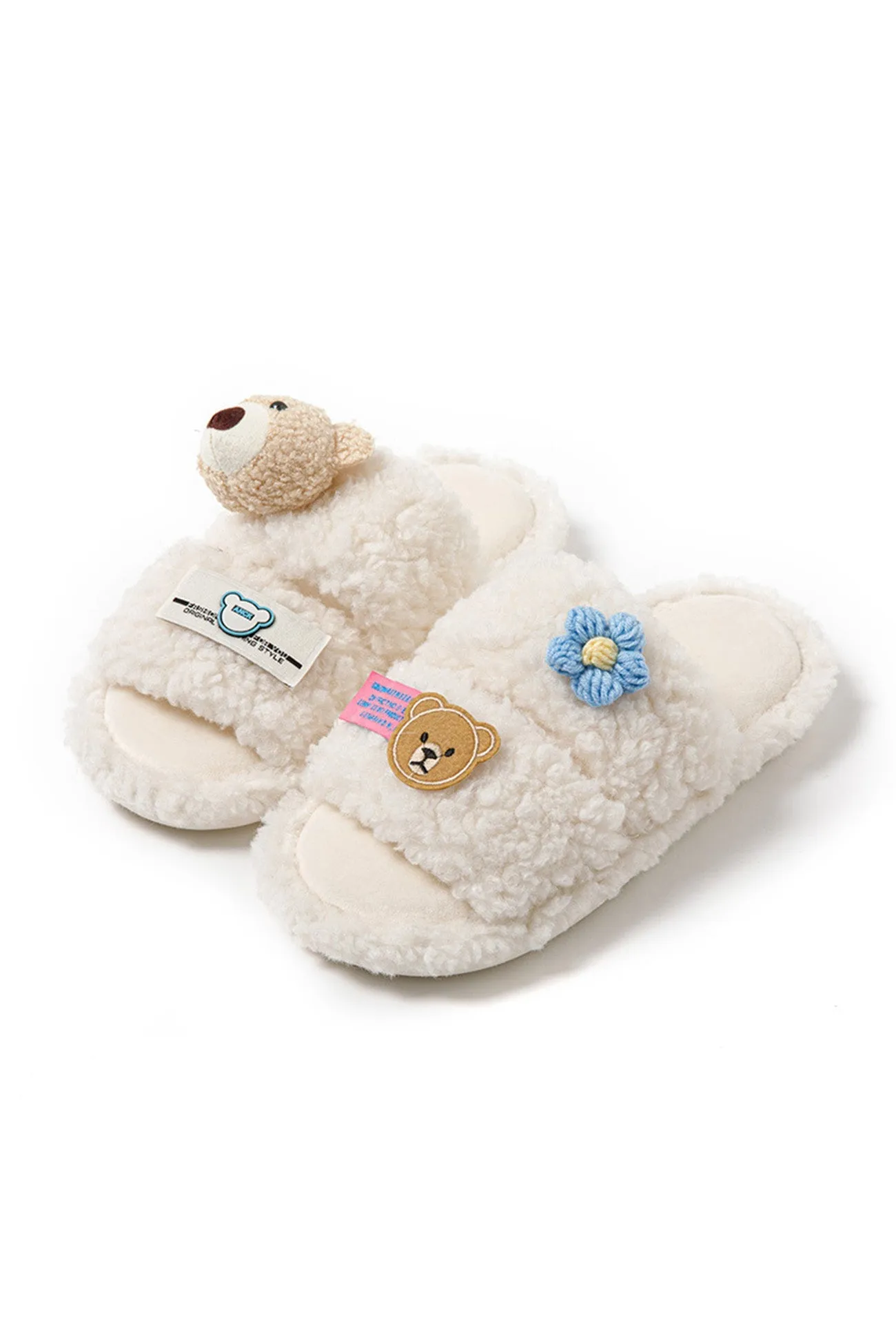 Amozae-Cute Bear Flower Slip-on Fuzzy Slippers