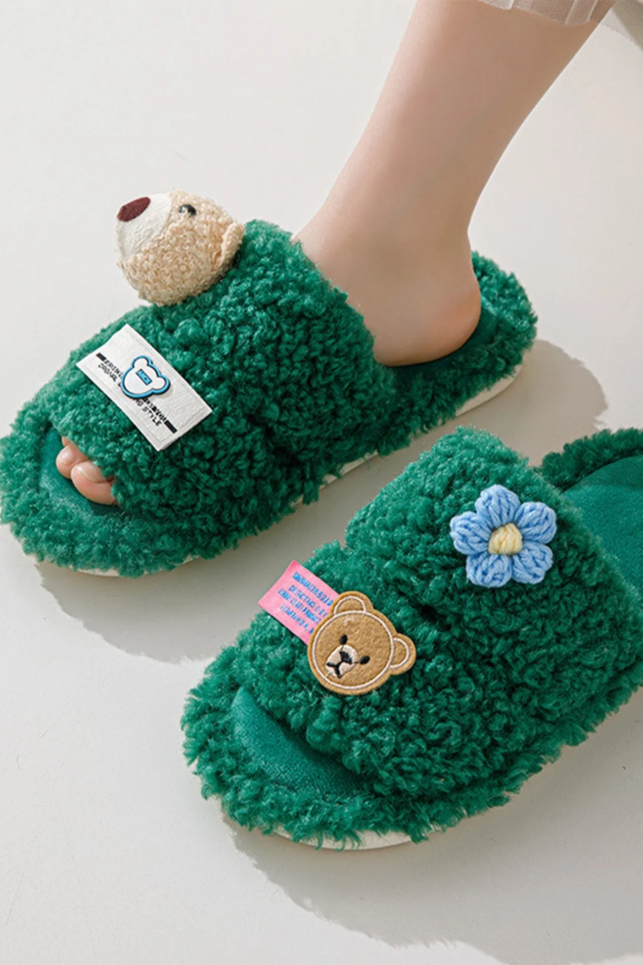 Amozae-Cute Bear Flower Slip-on Fuzzy Slippers