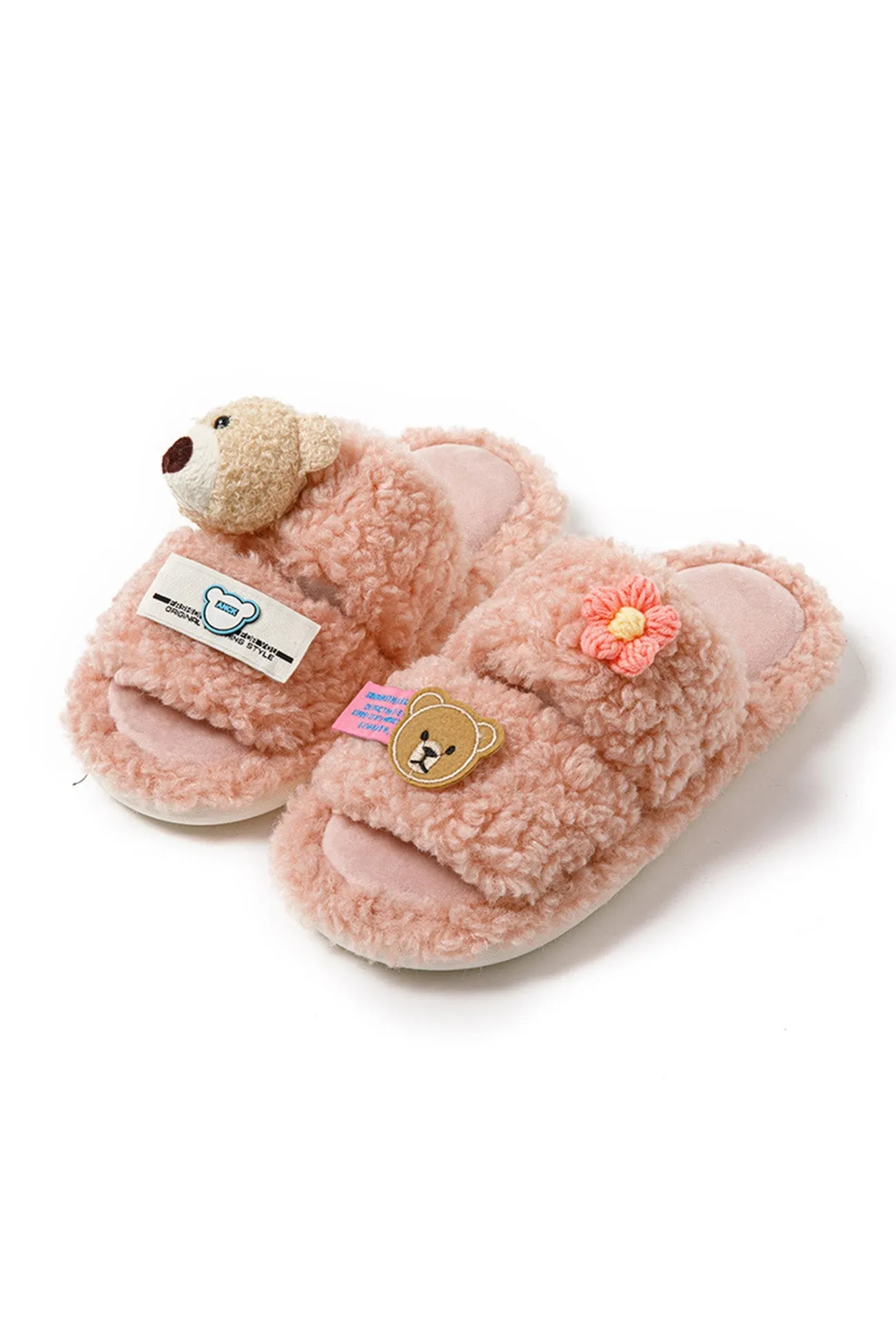 Amozae-Cute Bear Flower Slip-on Fuzzy Slippers