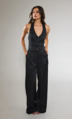 Black Pinstripe Tailored Jumpsuit