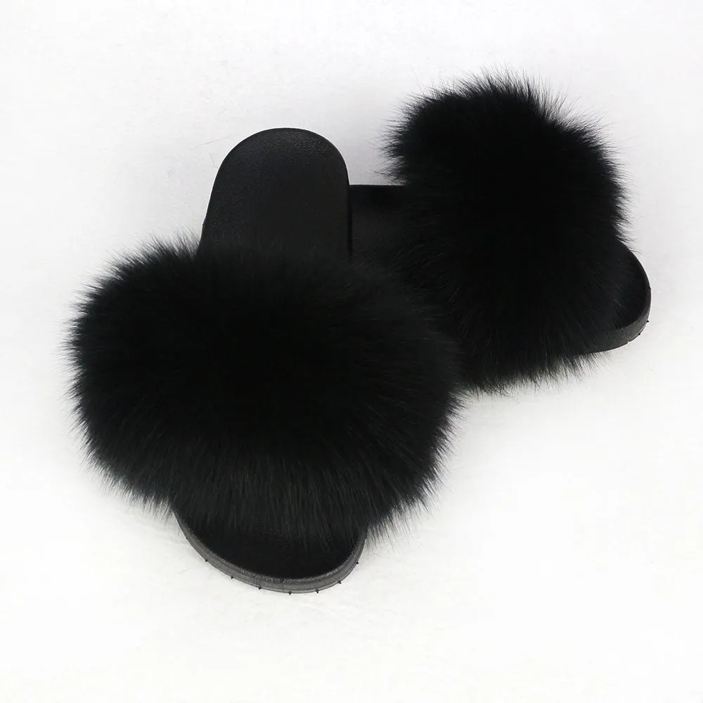 Black Real Polar Fox Fur Slippers