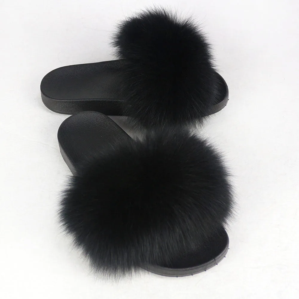 Black Real Polar Fox Fur Slippers