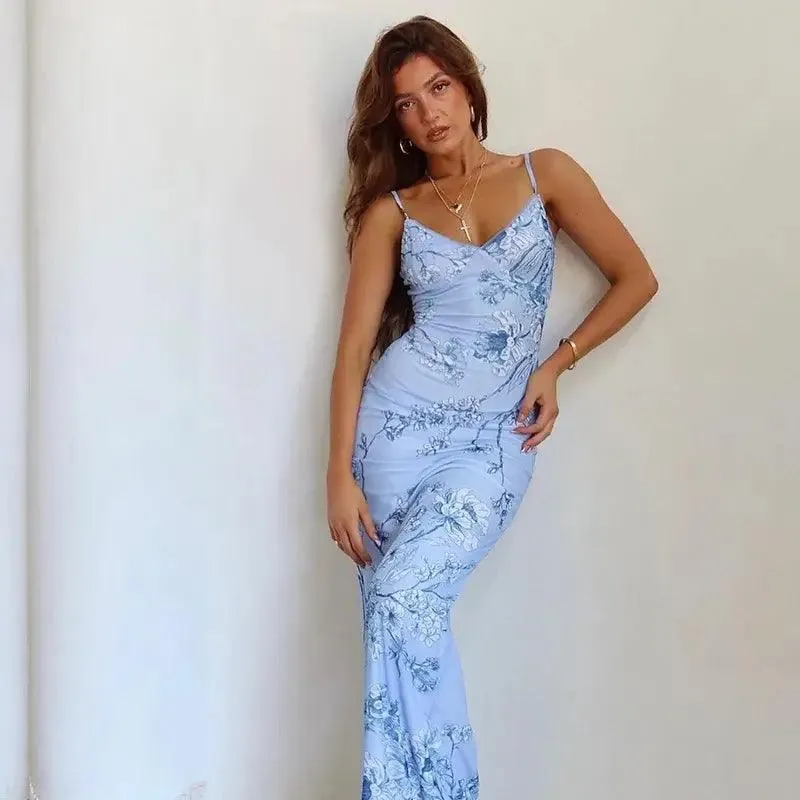 Blue Floral Bodycon Thin Strap Evening Maxi Dress