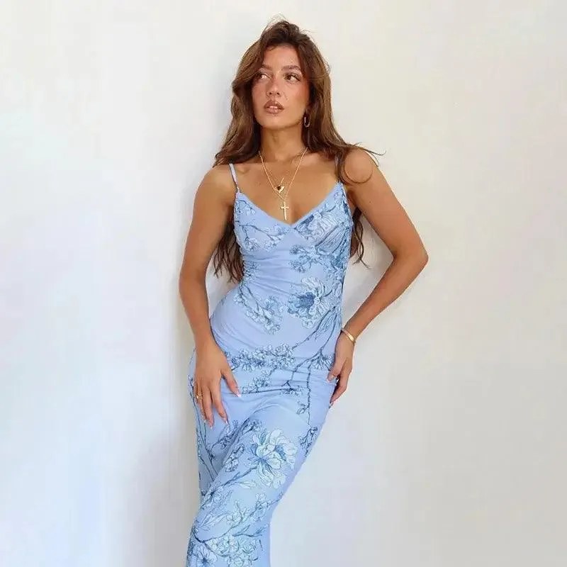 Blue Floral Bodycon Thin Strap Evening Maxi Dress