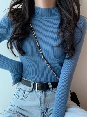 Casual Skinny Long Sleeves Solid Color High-Neck Sweater Tops