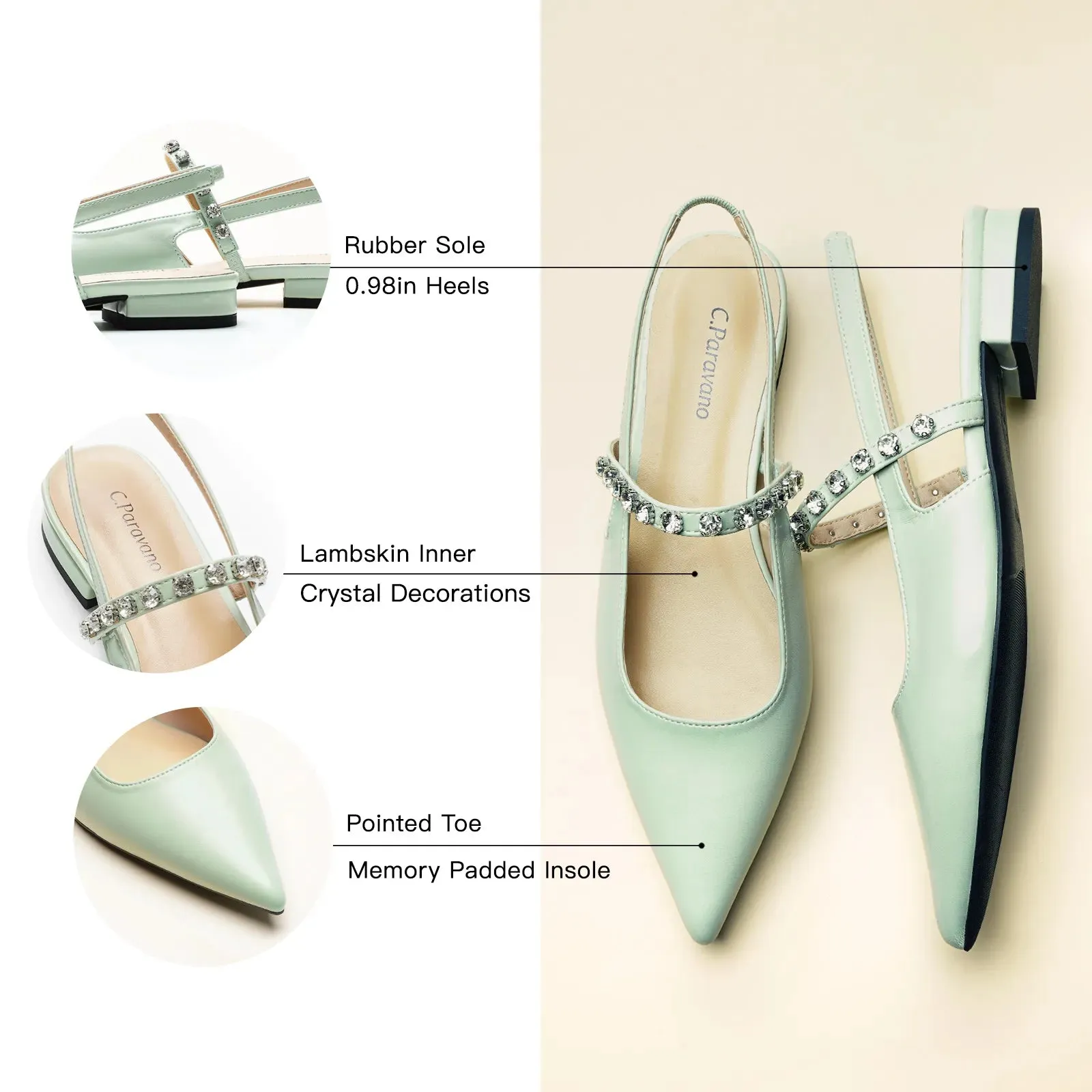 Crystal Strap Slingback Flats (Aida) Light Green