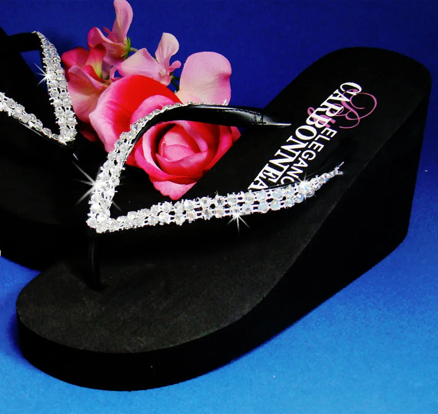 Crystals High Wedge Bridal Flip Flops - Black