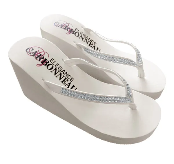 Crystals High Wedge Bridal Flip Flops - Ivory