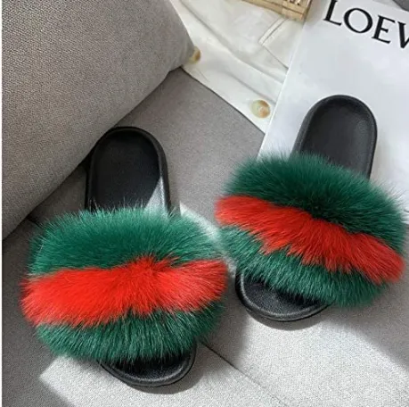 Dark Green and Red Real Polar Fox Fur Slippers