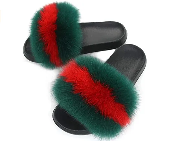 Dark Green and Red Real Polar Fox Fur Slippers