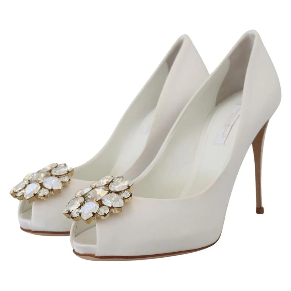 Dolce & Gabbana Crystal-Embellished White Peep Toe Heels