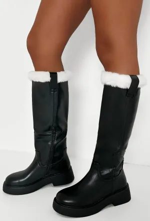 Extra Attention Black Faux Fur Trim Faux Leather Knee High Boots