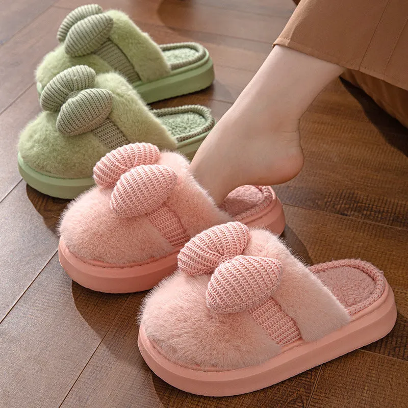 Fur Slippers with Knit Bow for Women