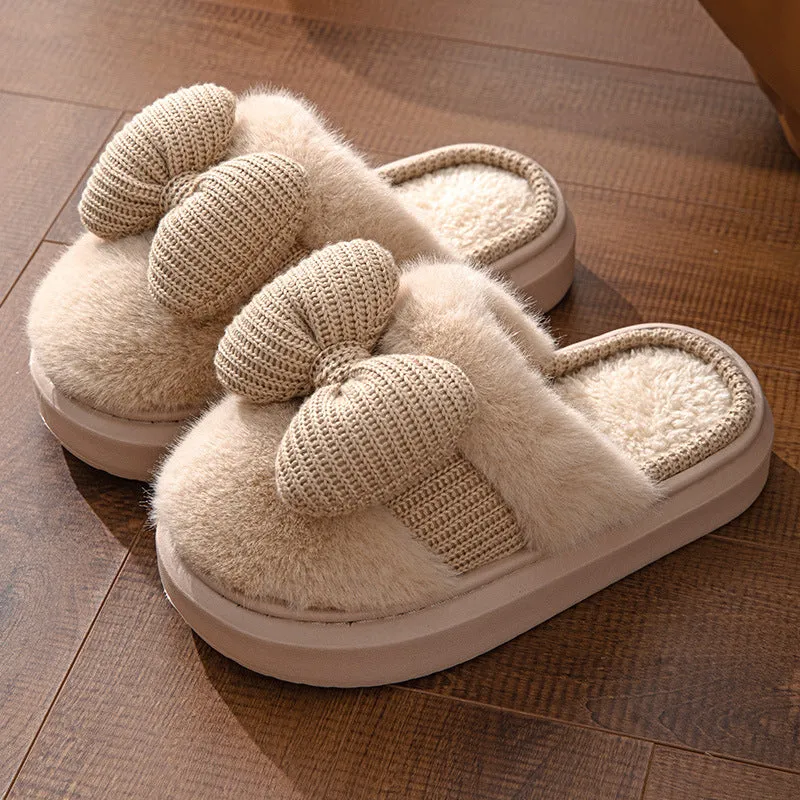 Fur Slippers with Knit Bow for Women