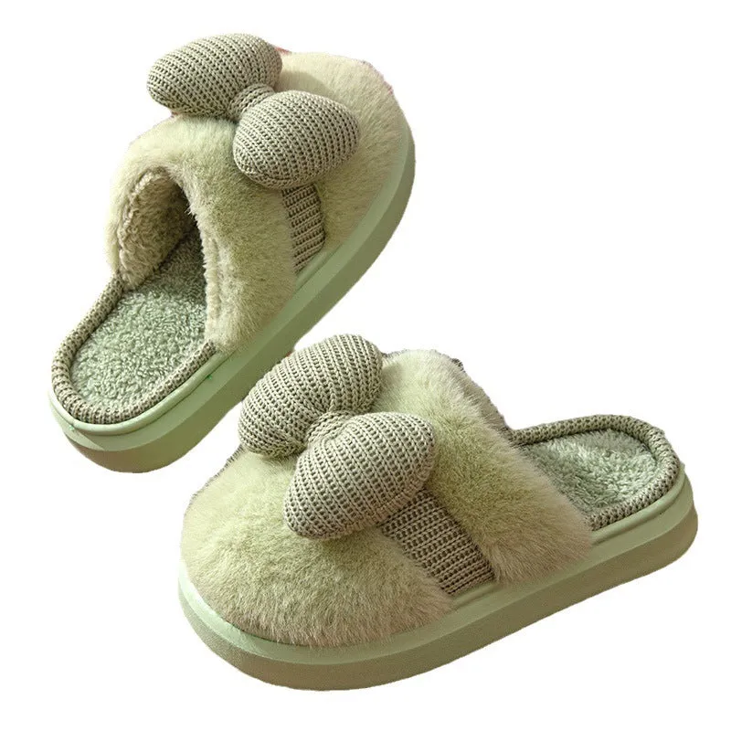 Fur Slippers with Knit Bow for Women