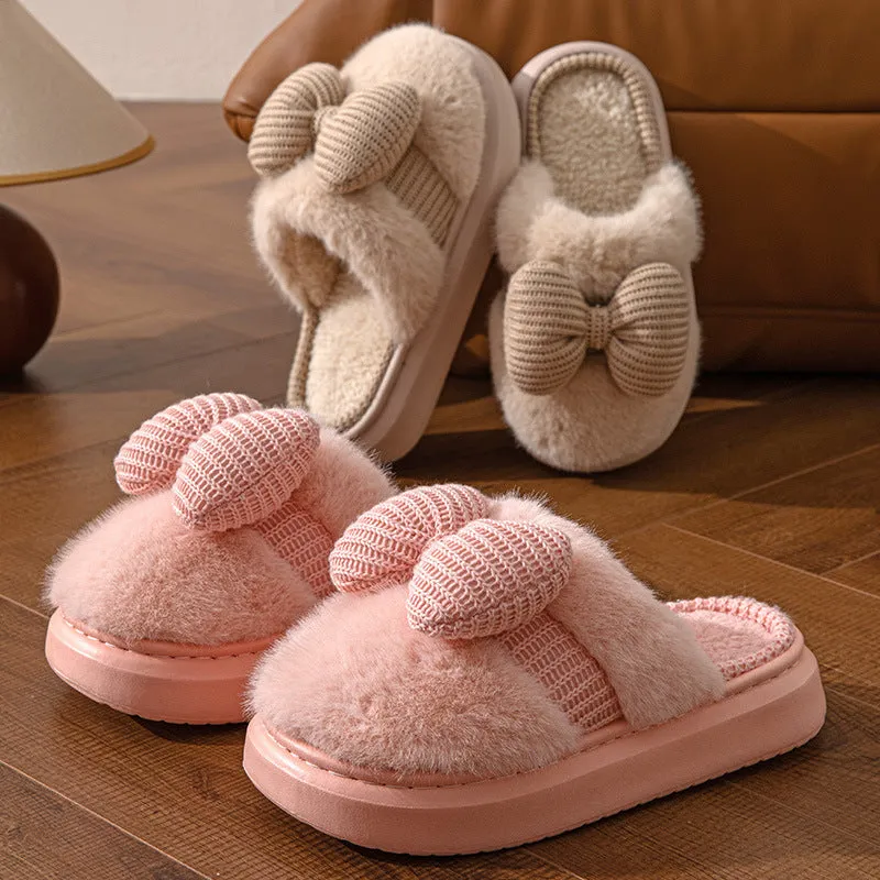 Fur Slippers with Knit Bow for Women