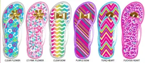 girls jelly flip flops with assorted embellishments & printed footbeds Case of 72