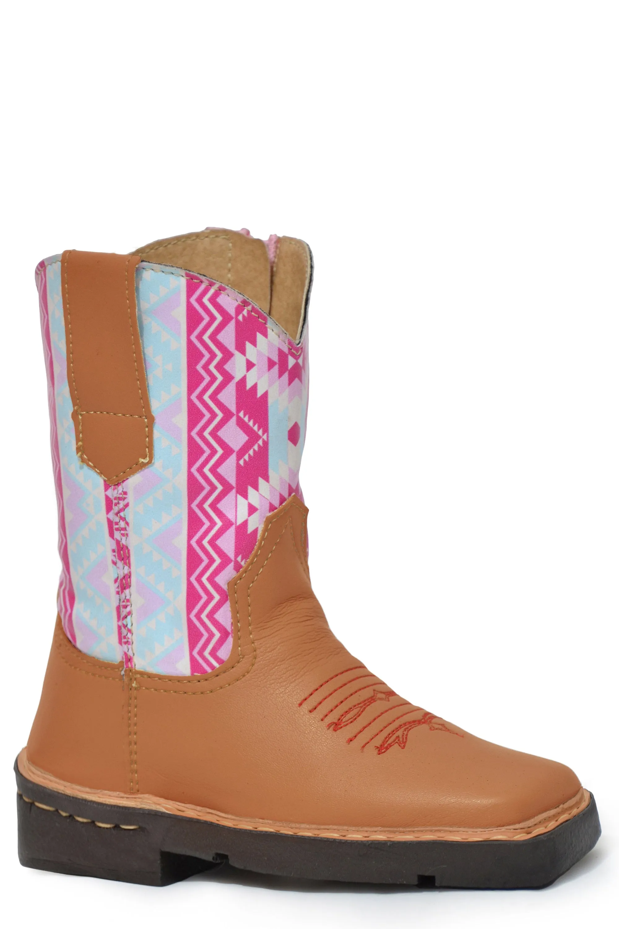 Girls Roper Light Tan Square Toe Toddler Boot w/ Printed Native Design