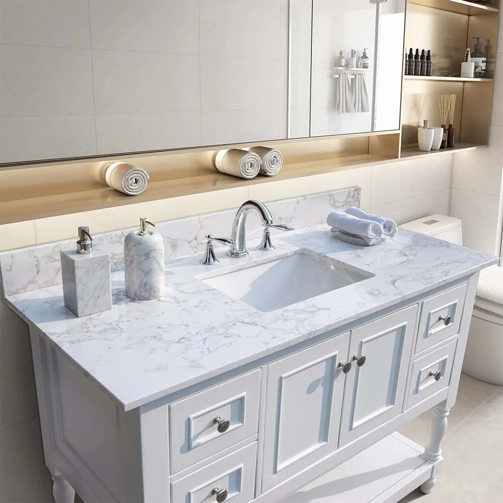 Giving Tree 43‘’x22" bathroom stone vanity top engineered stone carrara white marble color with rectangle undermount ceramic sink and 3 faucet hole with back splash