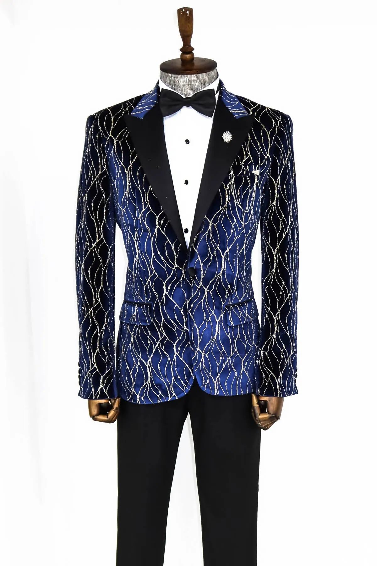 Gold Patterned Navy Blue Men Evening Tuxedo Blazer - Wessi