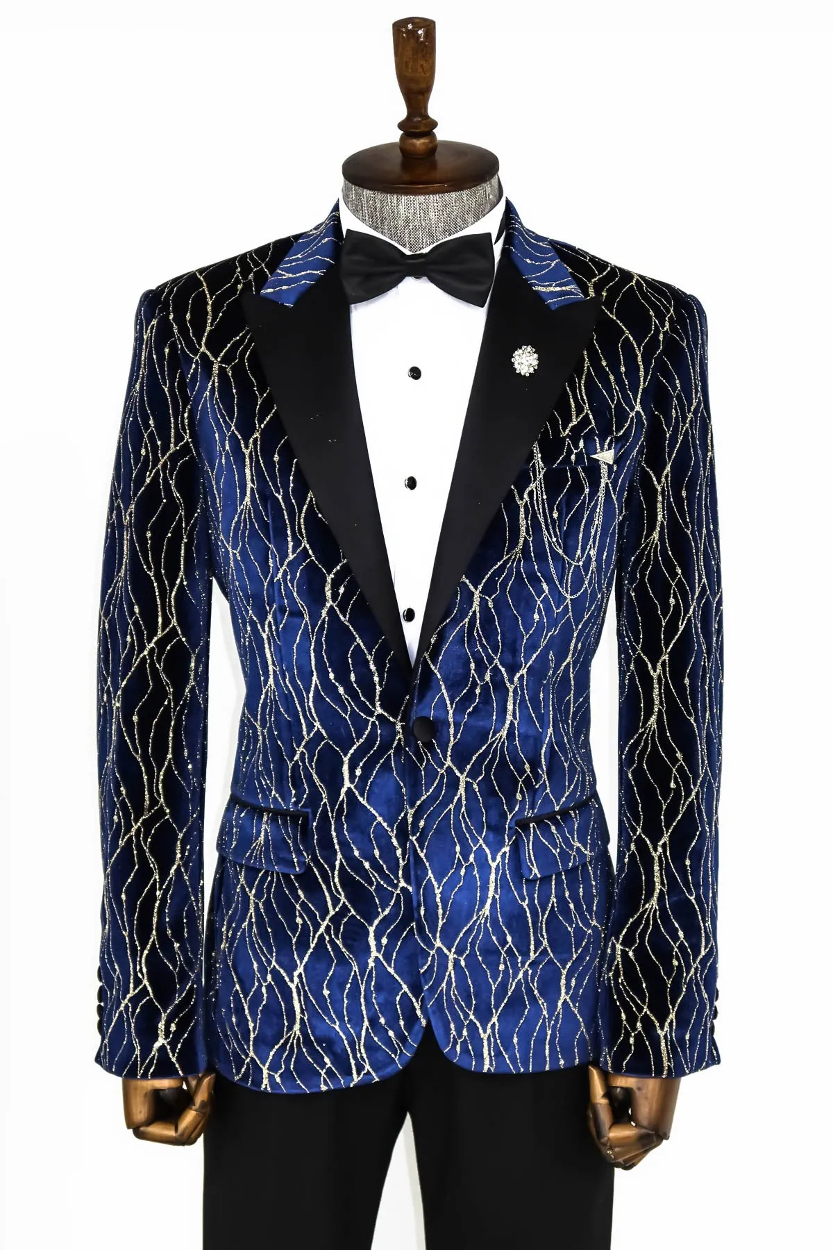 Gold Patterned Navy Blue Men Evening Tuxedo Blazer - Wessi