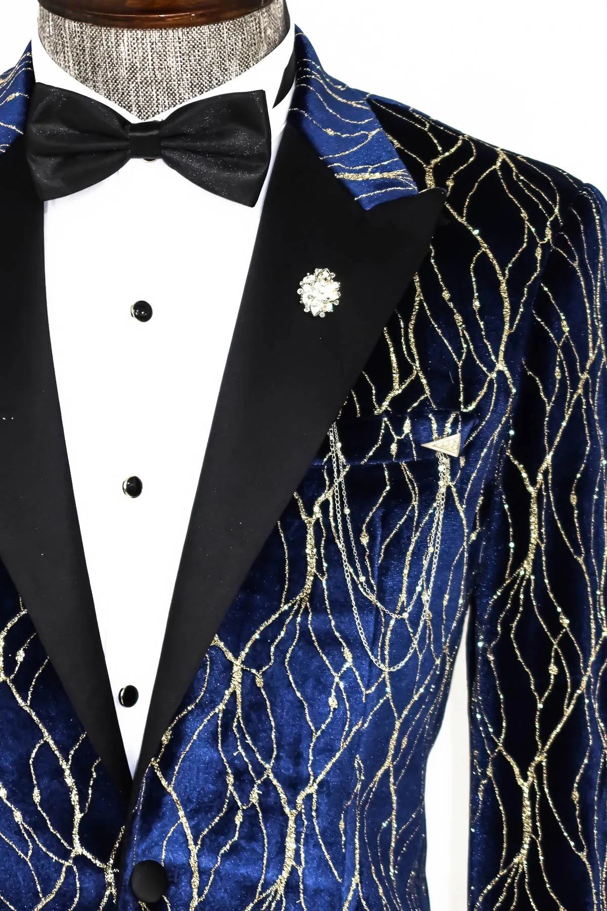 Gold Patterned Navy Blue Men Evening Tuxedo Blazer - Wessi