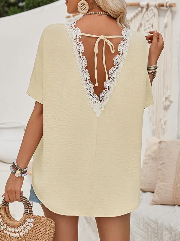 Half Sleeves High-Low Backless Tied Round-Neck T-Shirts Tops