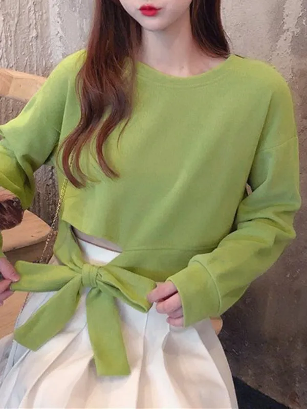 High Waisted Long Sleeves Asymmetric Bowknot Hollow Solid Color Round-Neck Sweatshirt Tops