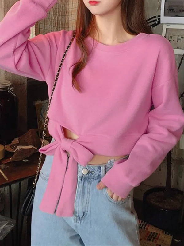 High Waisted Long Sleeves Asymmetric Bowknot Hollow Solid Color Round-Neck Sweatshirt Tops