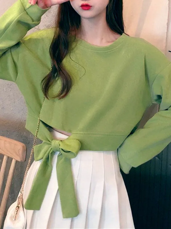 High Waisted Long Sleeves Asymmetric Bowknot Hollow Solid Color Round-Neck Sweatshirt Tops