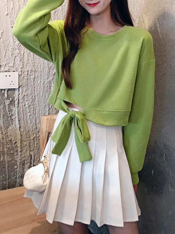 High Waisted Long Sleeves Asymmetric Bowknot Hollow Solid Color Round-Neck Sweatshirt Tops