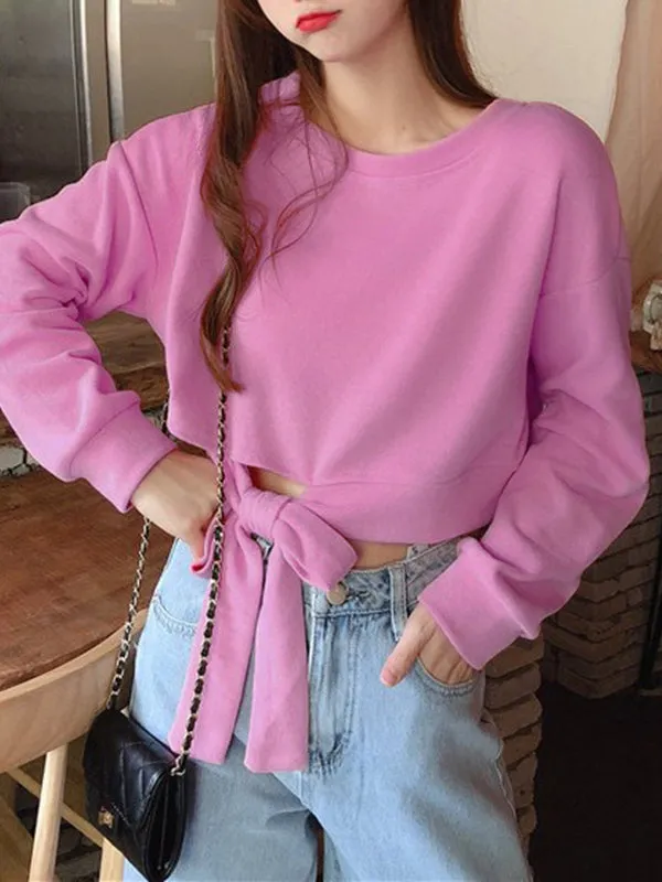 High Waisted Long Sleeves Asymmetric Bowknot Hollow Solid Color Round-Neck Sweatshirt Tops