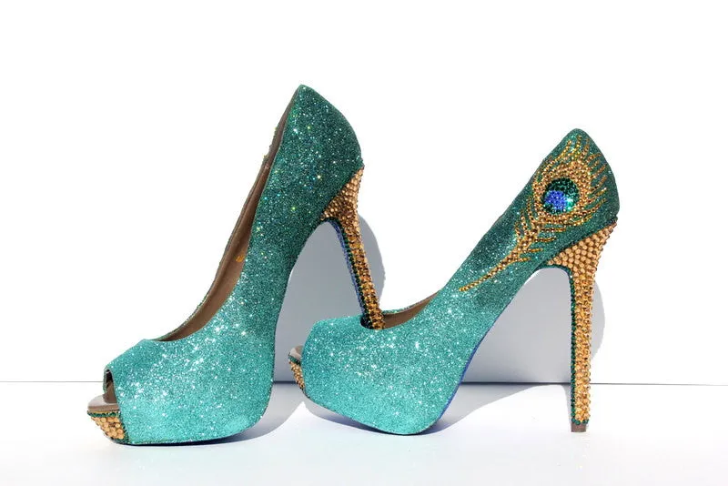 Jade & Gold Crystal Peacock Heels