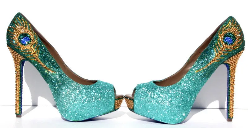 Jade & Gold Crystal Peacock Heels