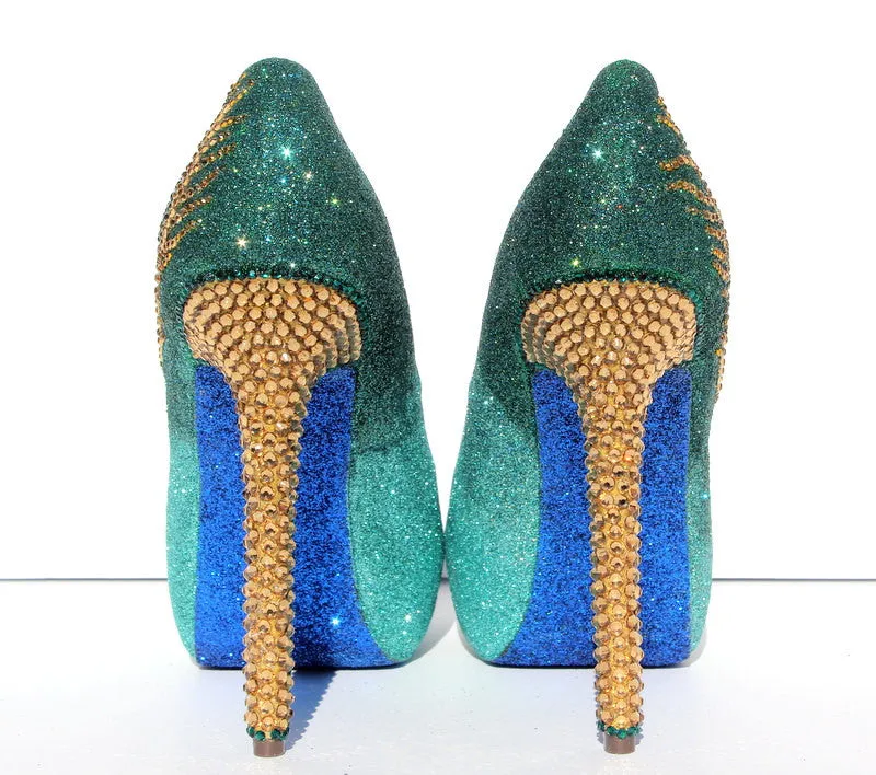 Jade & Gold Crystal Peacock Heels