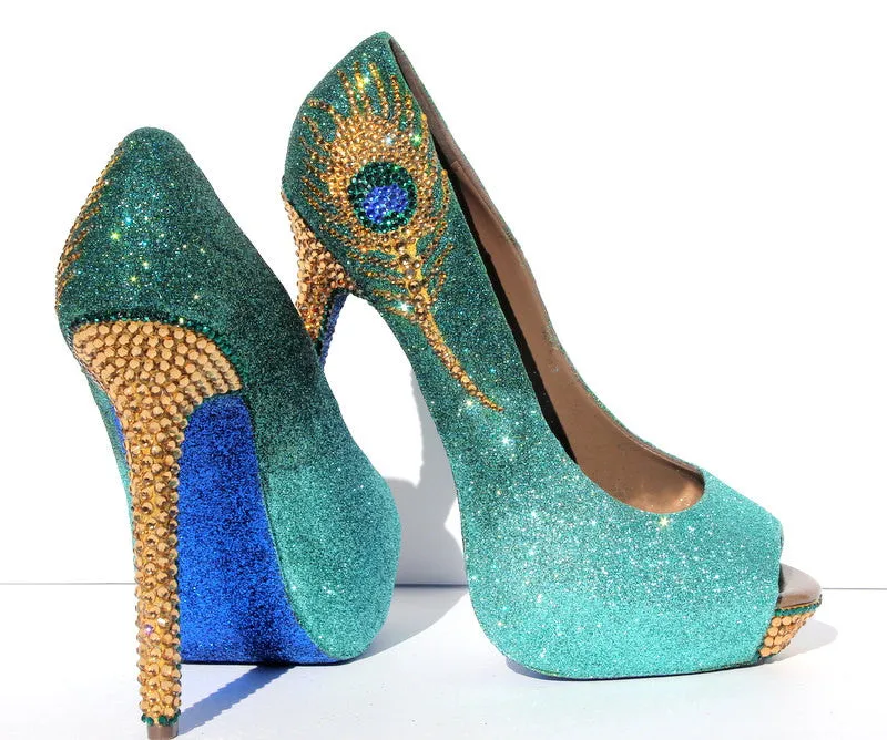 Jade & Gold Crystal Peacock Heels