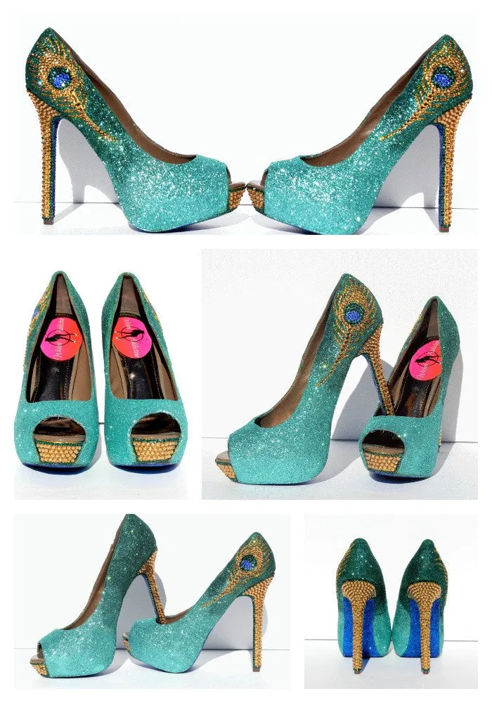 Jade & Gold Crystal Peacock Heels